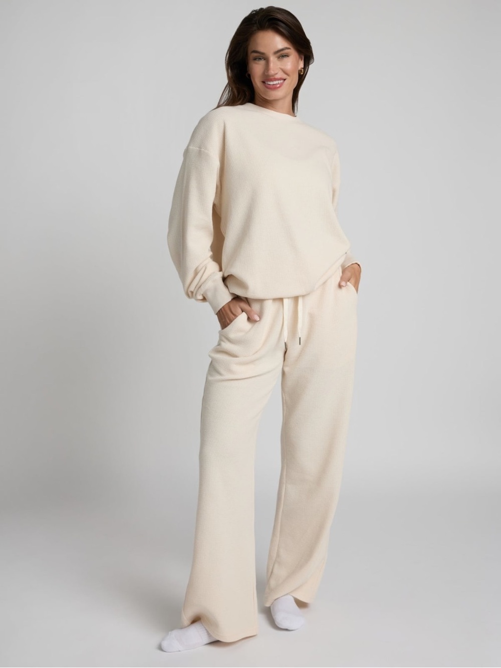 Comfrt Unisex Waffle Knit Lounge Pant High Rise in Ivory Size Large Loungewear - Picture 5 of 11